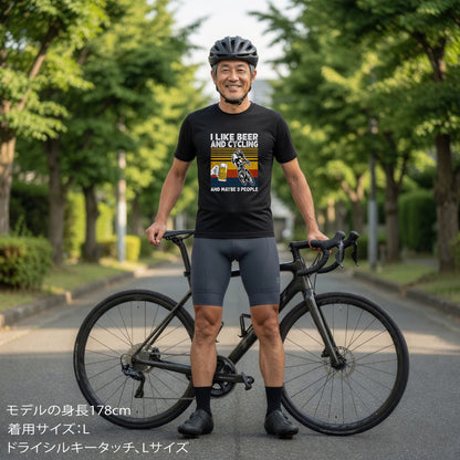 「I LIKE BEER AND CYCLING」ビール＆サイクリングが好き 誕生日プレゼントにも最適！居酒屋・飲み会で話題の面白 コットン/ライシルキータッチTシャツ｜日本酒・ビール・焼酎・ウイスキー好きにおすすめ
