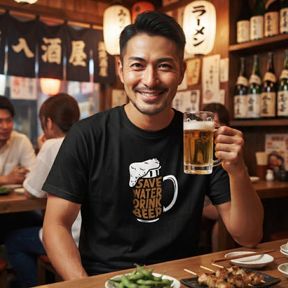 「 Save Water Drink Beer - ビールは水分補給」誕生日プレゼントにも最適！居酒屋・飲み会で話題の面白tシャツ｜日本酒・ビール・焼酎・ウイスキー好きにおすすめ