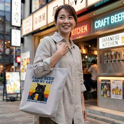 「I LIKE BEER AND MY CAT 」誕生日プレゼントにも最適！居酒屋・飲み会で話題の面白トートバッグ｜日本酒・ビール・焼酎・ウイスキー好きにおすすめ