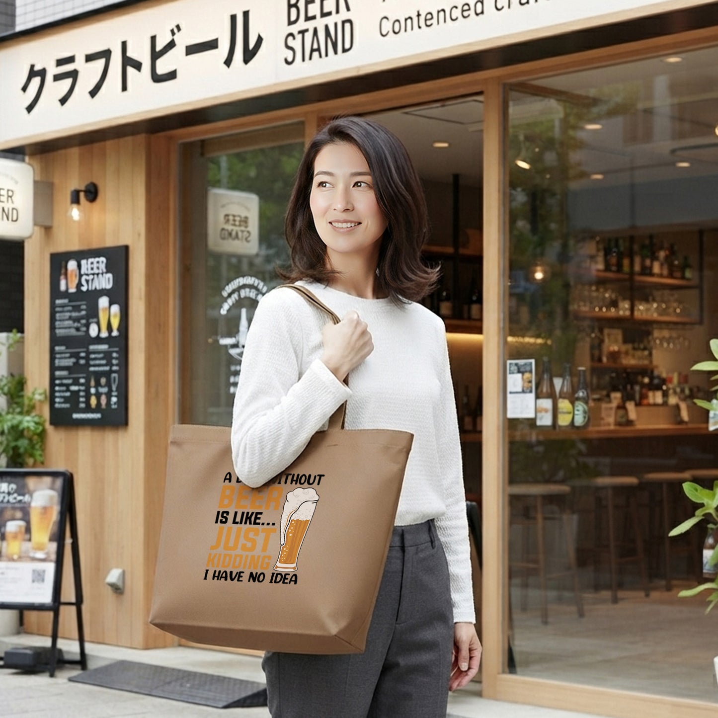 「 A DAY WITHOUT BEER IS LIKE ... 」誕生日プレゼントにも最適！居酒屋・飲み会で話題の面白トートバッグ｜日本酒・ビール・焼酎・ウイスキー好きにおすすめ