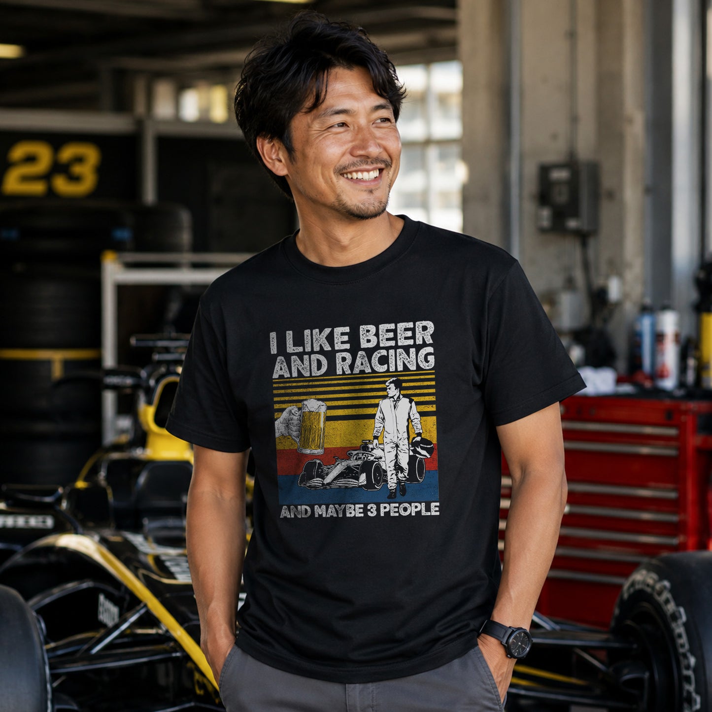 「I LIKE BEER AND RACING」ビール＆レーシングが好き Tシャツ