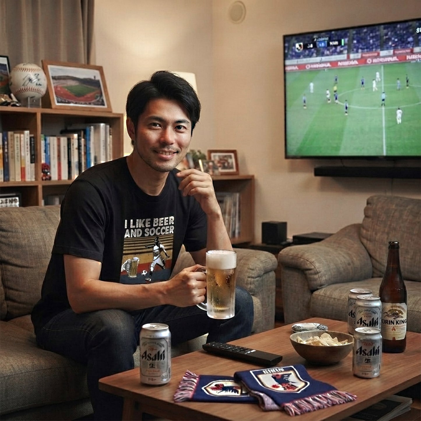 「I LIKE BEER AND MY SCCOER」ビール＆キャンプが好きTシャツ