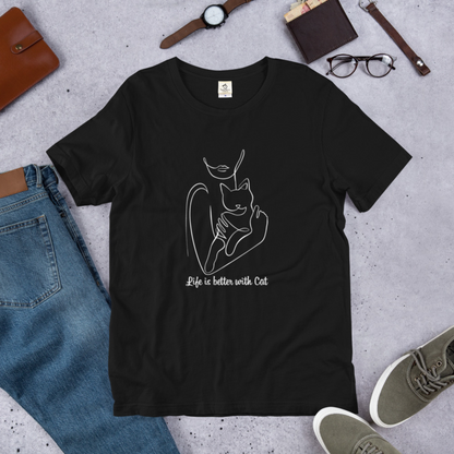 猫tシャツ ねこ 猫イラスト Life is better with cat｜アダルト&キッズサイズ.