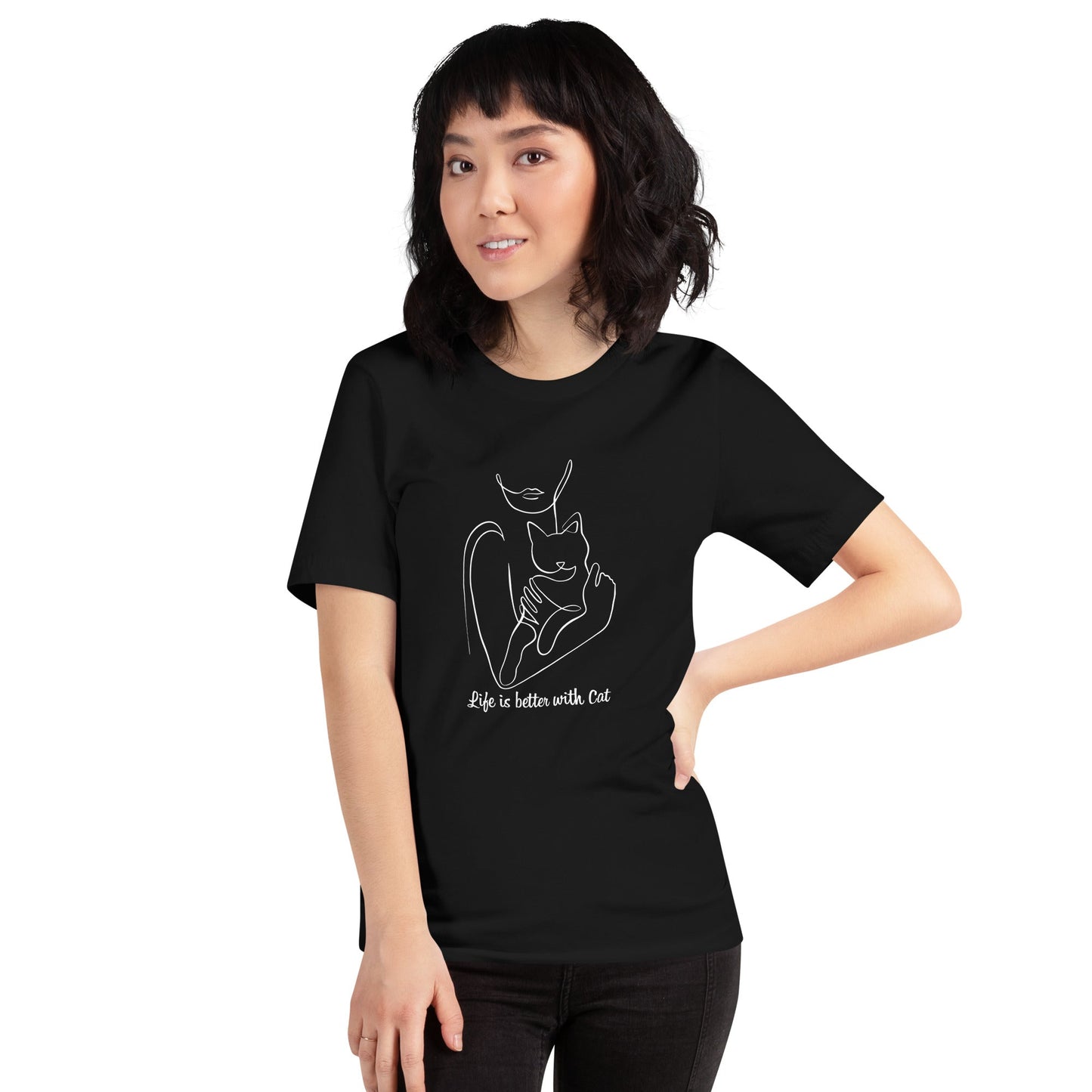 猫tシャツ ねこ 猫イラスト Life is better with cat｜アダルト&キッズサイズ.